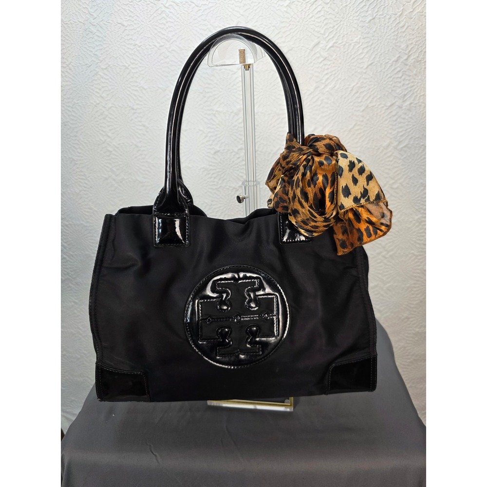 Tory Burch Ella Tote Bag Black Nylon Patent Leather Trim Logo Shoulder Bag Scarf